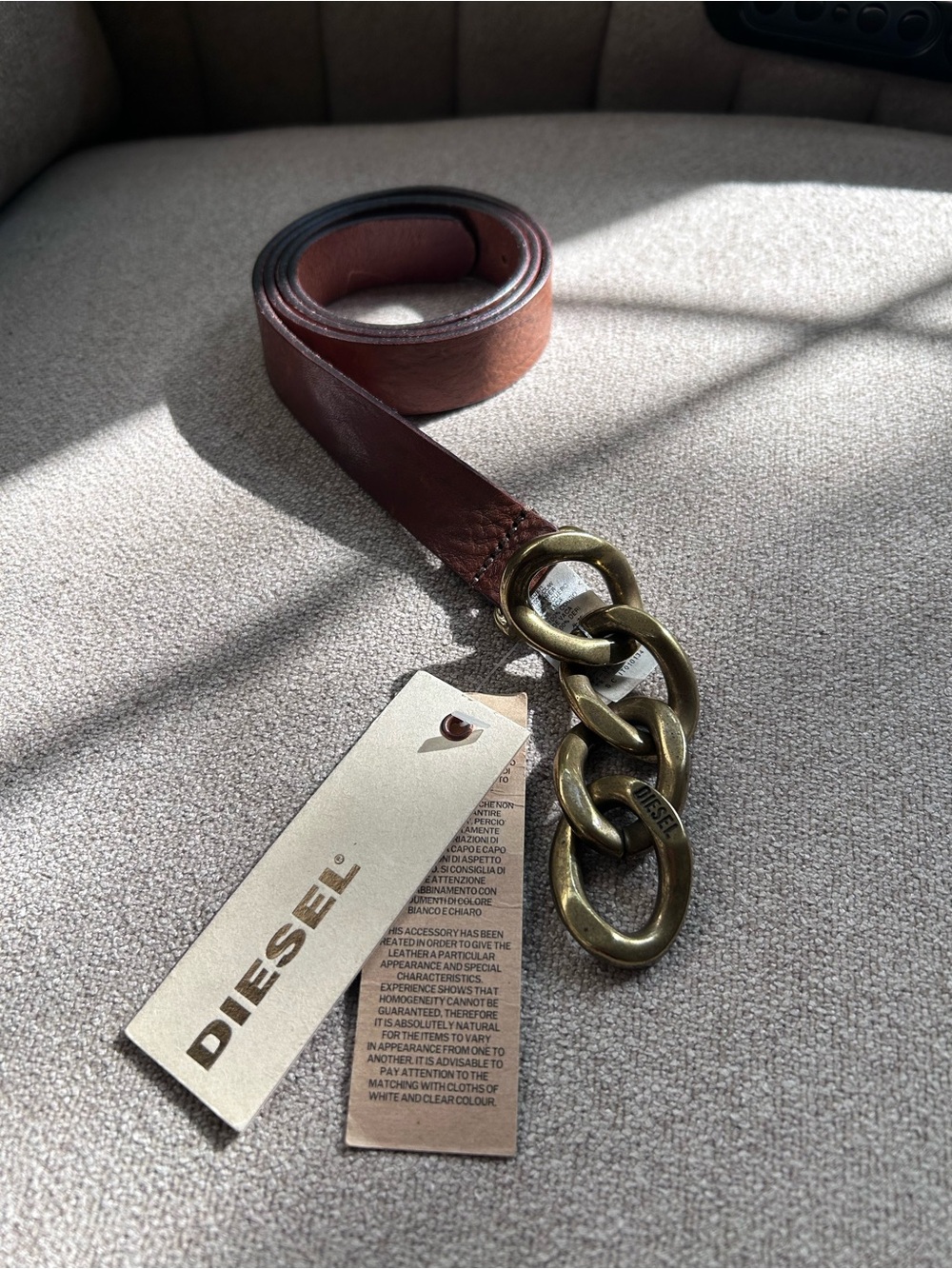FOR PARTS ONLY Diesel Brown Leather Belt with Brass Chain Detail
